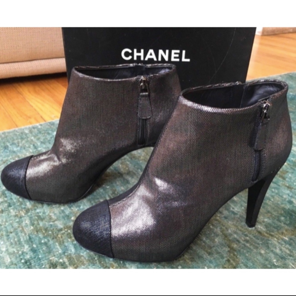 Chanel Metallic and Black Ankle Booties